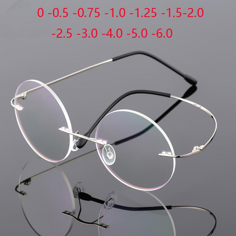 1.61 index Lenses No-Rim Circular Shortsighted Spectacles Rx Eyewear Anti-blue Light Myopia Glasses -0.5 -0.75 To -6