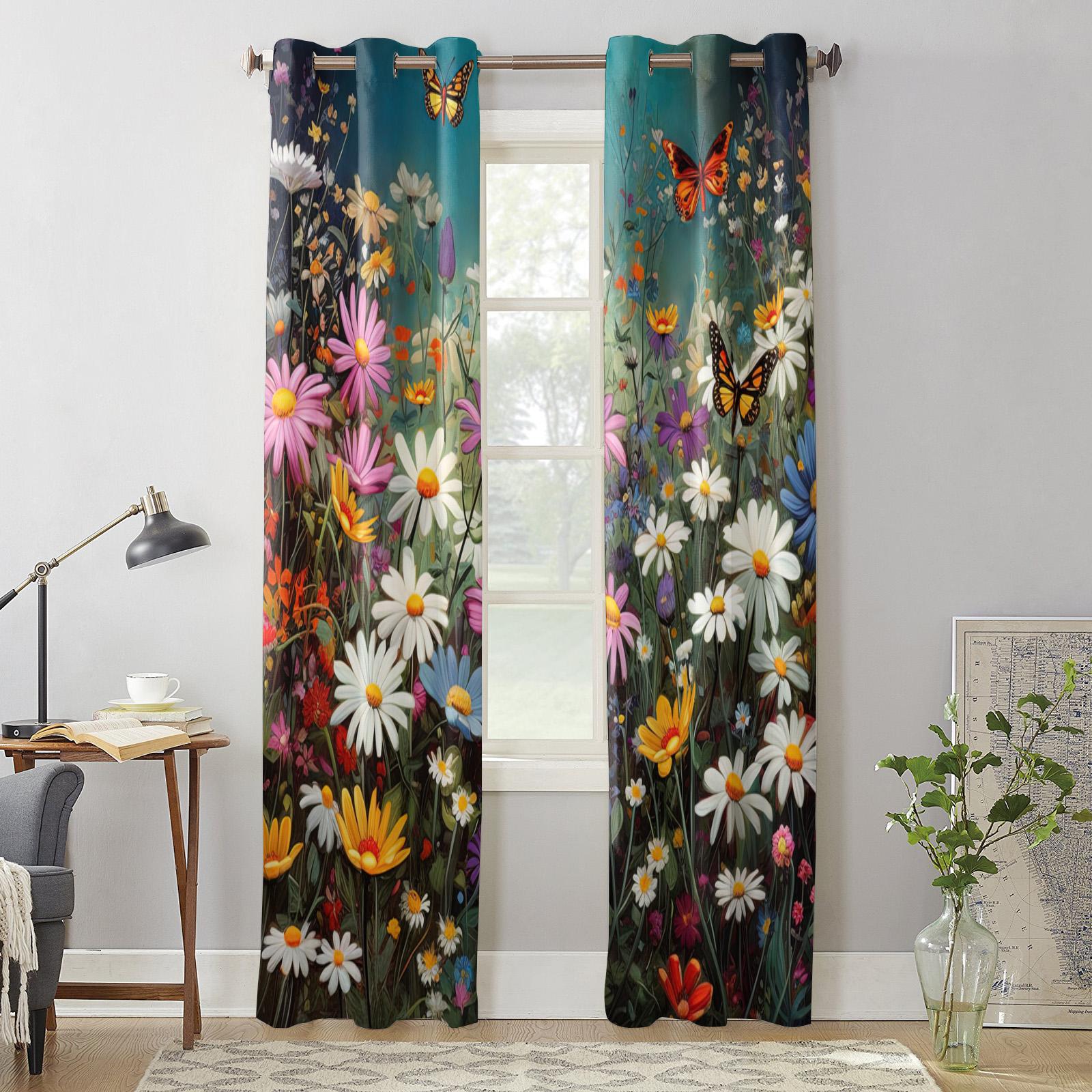 Шторы с цветком ромашки и кустами-бабочками для спальни — фото 4