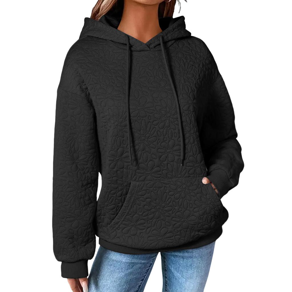 Damen Einfarbiges Modisches Kapuzen-Textur-Langarm-Top Sweatshirt
