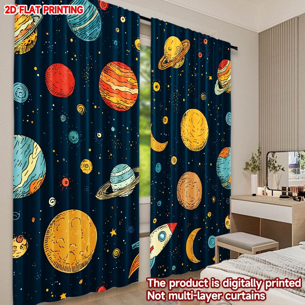 Set Of 2 Flat Printing Happy Valentine Day Window Drapes Cartoon Space System Planetary Land Digital Printed Polyester Curtain