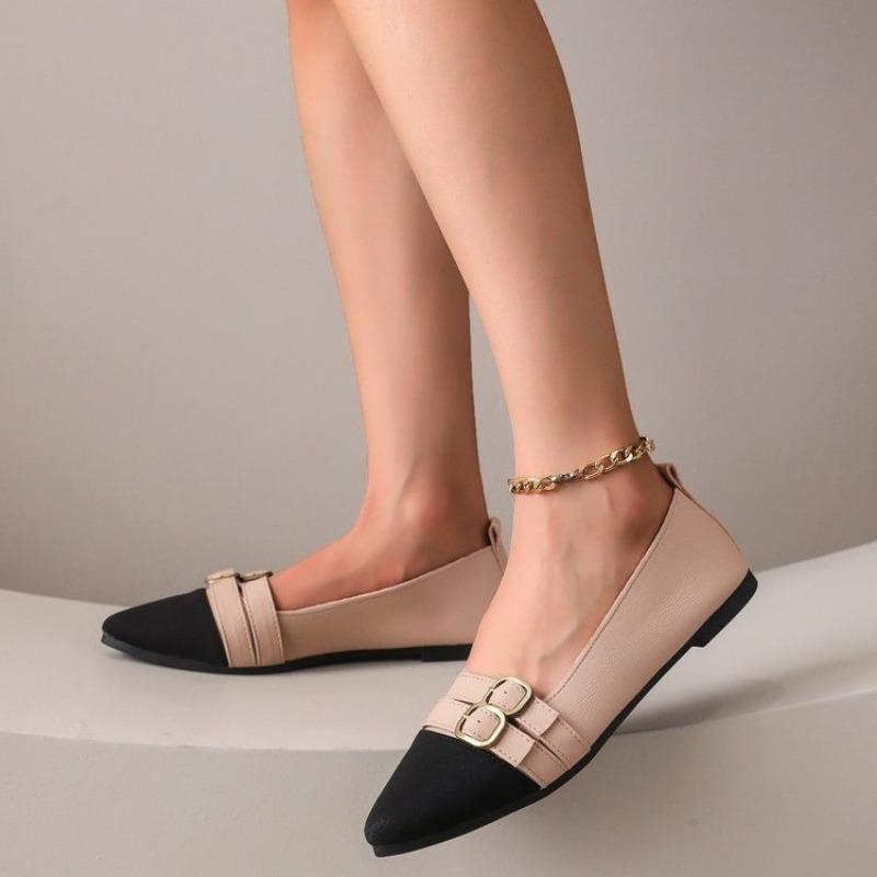 Fashion Color Matching Large Size Single Shoes Summer New Pointed Head Cloth Shallow Mouth Metal Buckle Soft Sole Non-slip Flat Shoes