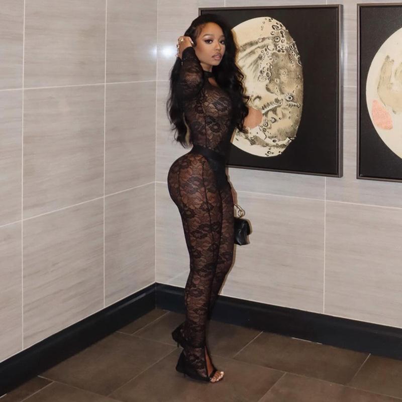 Spring Sexy 2 Two Piece Sets Lace Women Long Sleeve Bodysuits Top+High Waist Pants Suits Black Hollow Out Matching Outfits 2024
