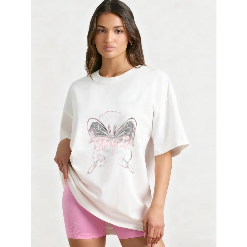Oversized T Shirt Black Butterfly Print With Text Graphic Women Casual Streetwear Fashion Top Summer Outfit