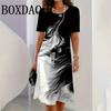 Vestido Nuevo para Mujer Estampado 3D de Manga Corta de Longitud Media Moda Verano Otoño Cuello Redondo Holgado Vestido Vintage Ropa Elegante para Mujer