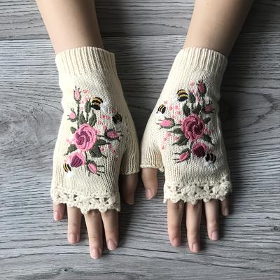 Handmade Flower Embroidered Gloves Women Fingerless Knit Gloves Autumn Winter Cold Proof Writing Gloves INS Embroidered with Bee