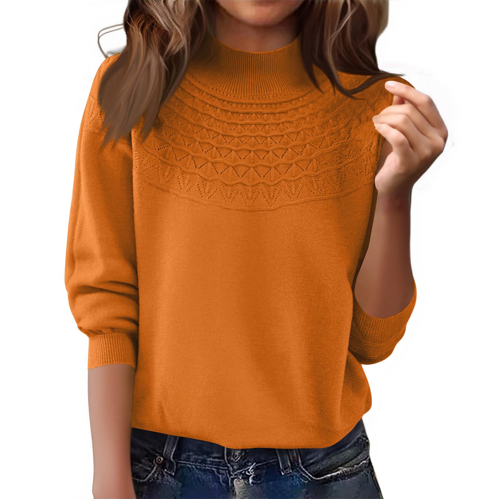 Women s Fashion Half-High Neck Openwork Pullover Knit Sweater Long Sleeve Color Sweater XXL шафрановый
