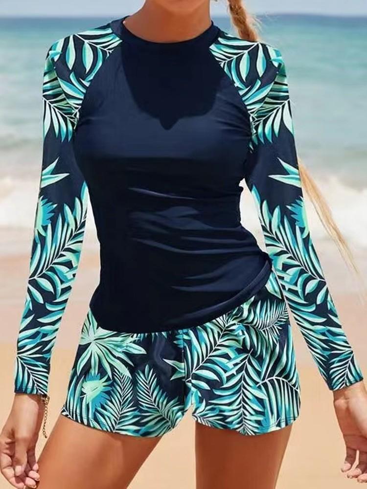 Long-Sleeve European & American Digital Print Conservative Women's Bikini Swimsuit