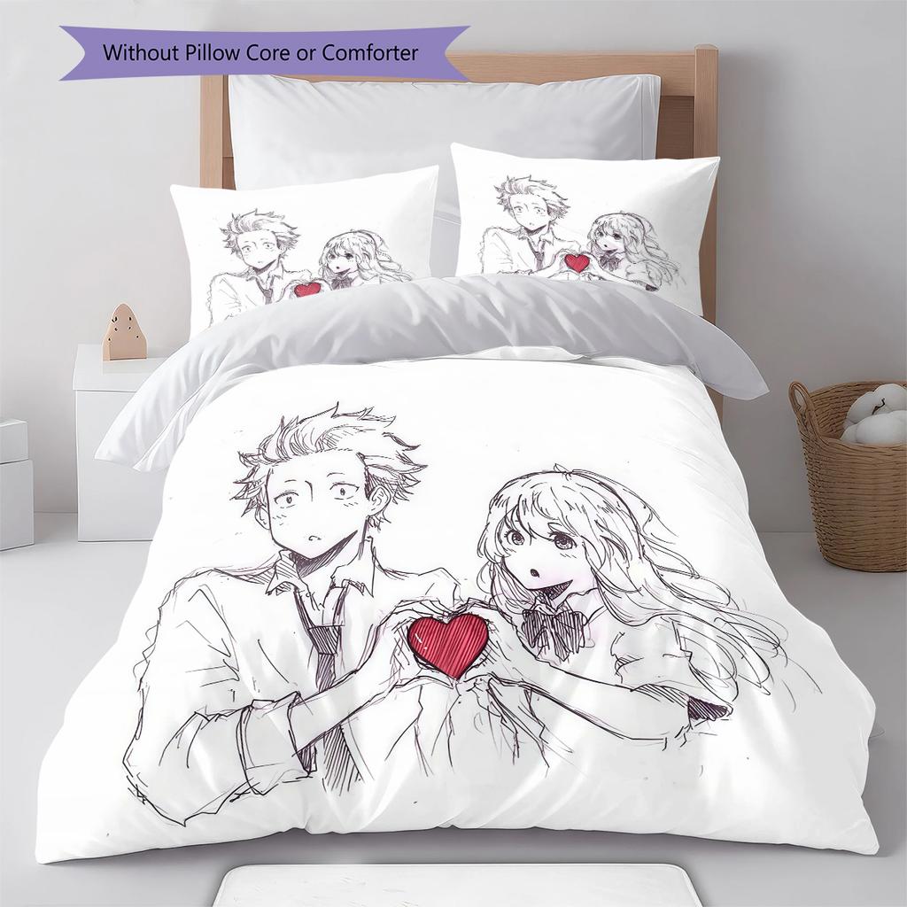 A Silent Voice Pattern Bedding,Quilt Set Quilt Cover Pillowcase Home Birthday Gift (1 * Duvet Cover + 2 * Pillowcase, Without Core)
