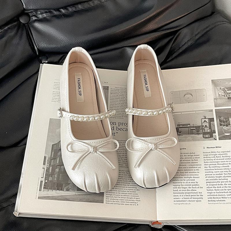 Summer pearl one-word strap single shoes new retro temperament versatile bow Mary Jane shoes women