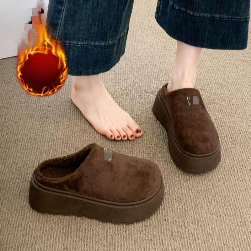 

Нове взуття на товстій підошві, що збільшує зріст, жіноче взуття із закритим носком, флісові напівкапці 40 коричневий