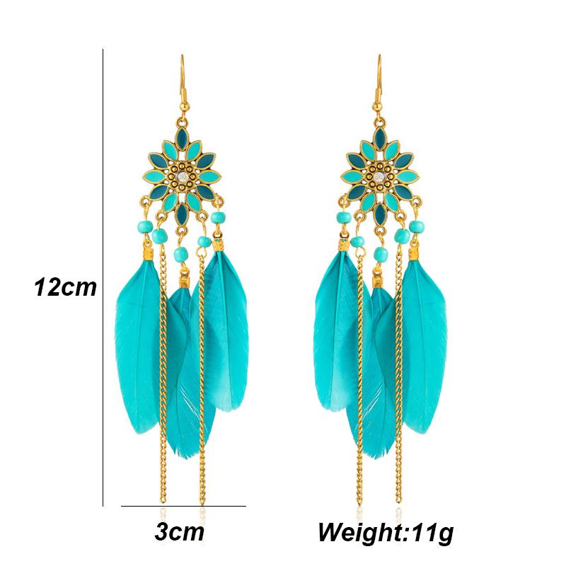 Bohemian Long Sun Flower Feather Earrings for Women Trendy Ethnic Retro Gold Color Chain Tassel Earring Wedding Vacation Jewelry