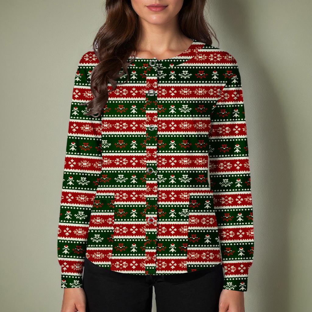 Women's Casual Long-sleeved Single-breasted Christmas Printed Protective Clothing Cardigan Top