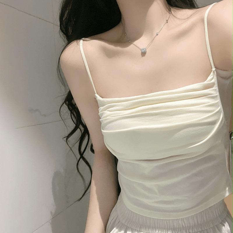 Women's Pleated Camisole Top Summer One Neck Tank Top Women's Slimming Street Top Girls' Chest Cushion Pure Desire Camis