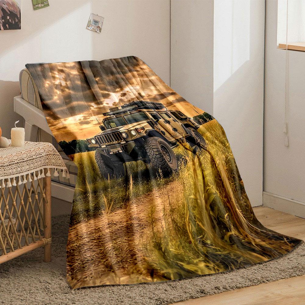 An off-road vehicle on a dirt path under a dramatic cloudy sunset. for all seasons blanket lunch break throw gift