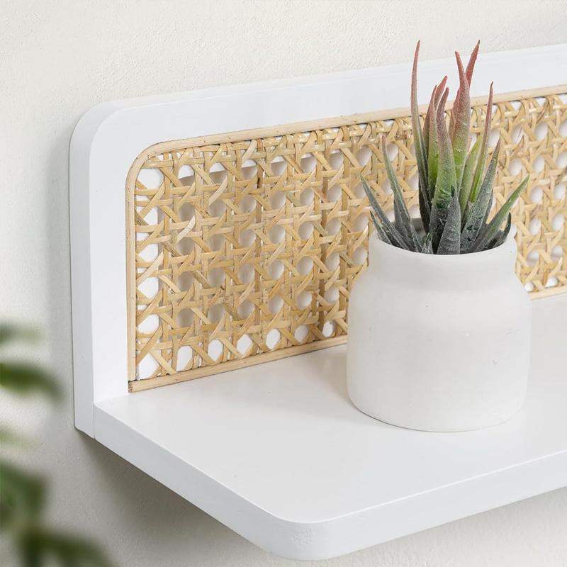 1Pc Wall Decoration Art Decoration Wooden Shelf Bohemian Style Display Rack Natural Rattan Rattan Storage Rack Wall Mounted