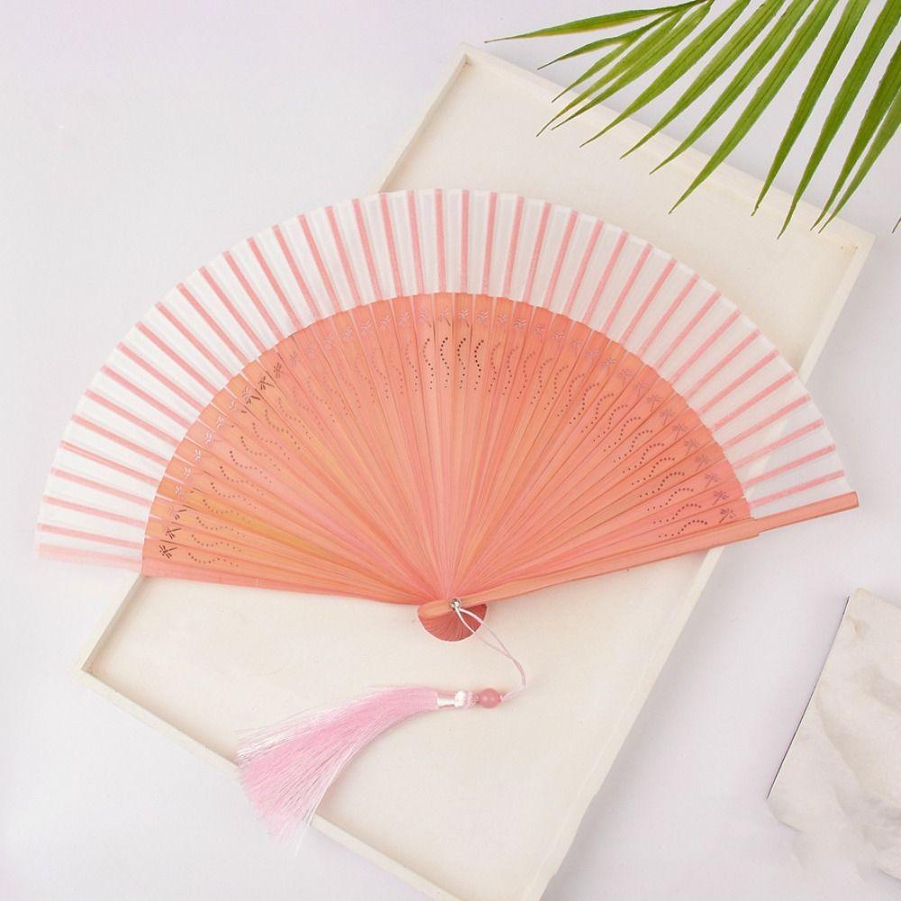 Elegant Carved Bamboo Folding Fan Flower Tassel Folding Fan Portable Handheld Fan  Wedding