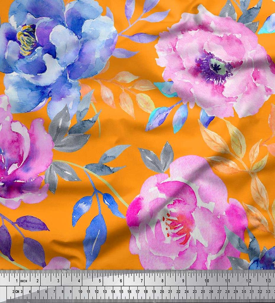 Soimoi Japan Crepe Satin Fabric Leaves & Peony Flower Print Fabric by the Metre 42 Inch