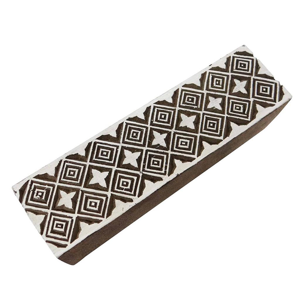 Rectangle Shape Wooden Block Hand Carved Stamp Geometrical Design Decorative