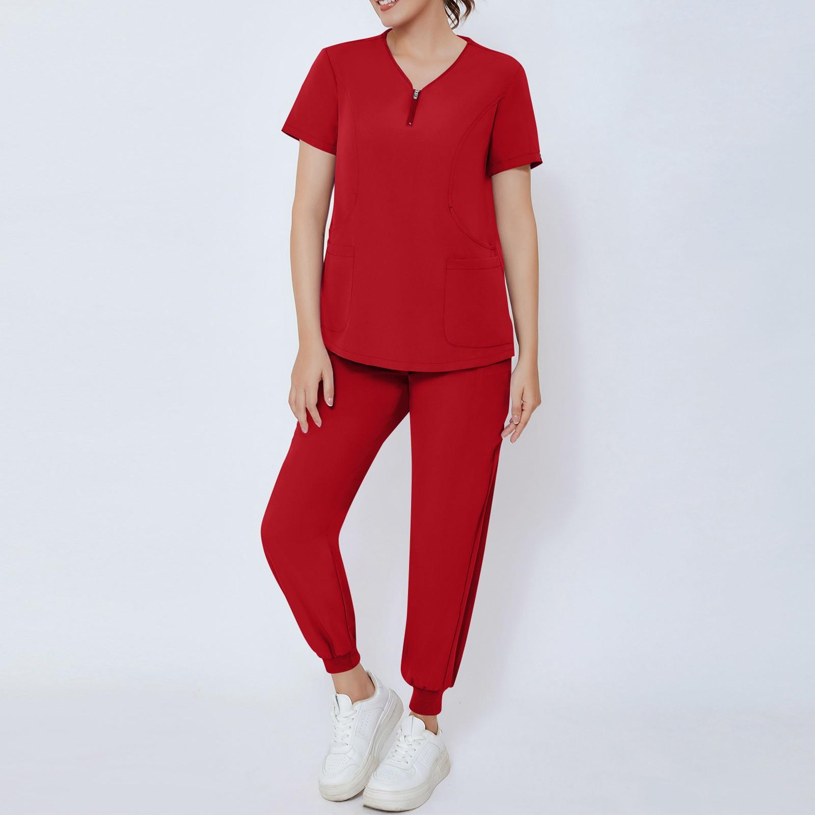 Женская летняя свободная униформа с V-образным вырезом на молнии с карманами и короткими — фото 3