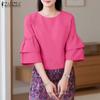 ZANZEA Women Casual Round Neck Loose 3/4 Sleeve Plain Blouse