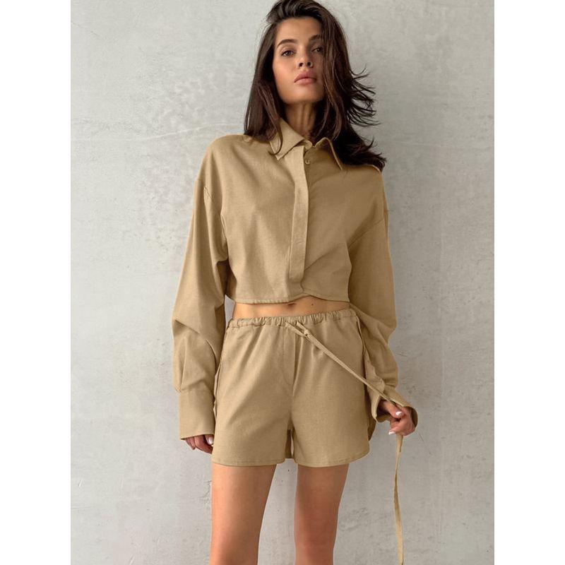 Fashion Women's Suit Cotton and Linen Long Sleeves Short Top Fashion Shorts 2025 Summer