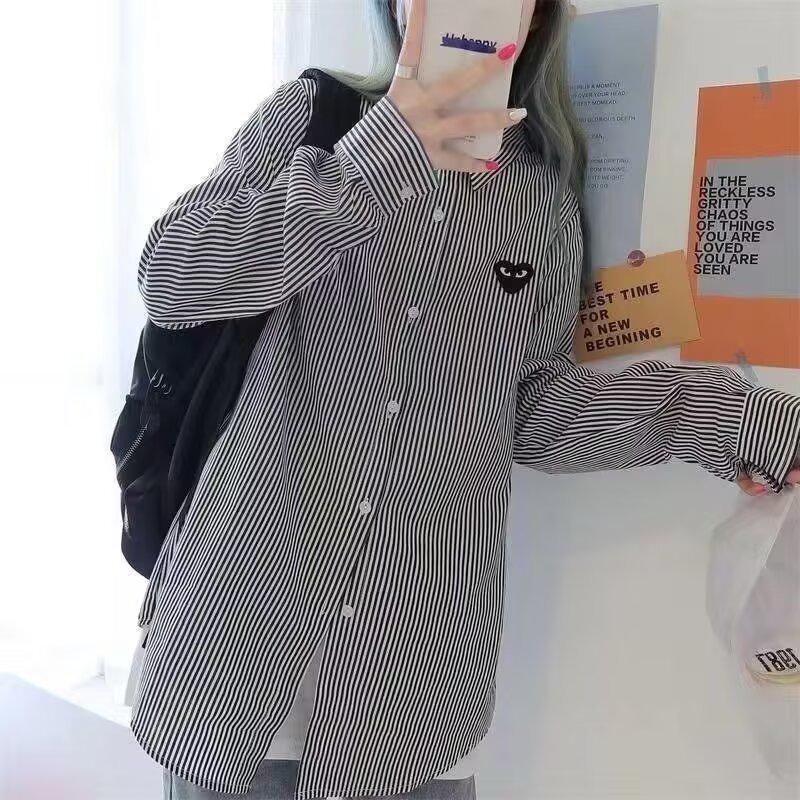 Japanese Heart Embroidered Striped Slim Fit Lapel Shirt - Versatile Long Sleeve for Spring & Autumn