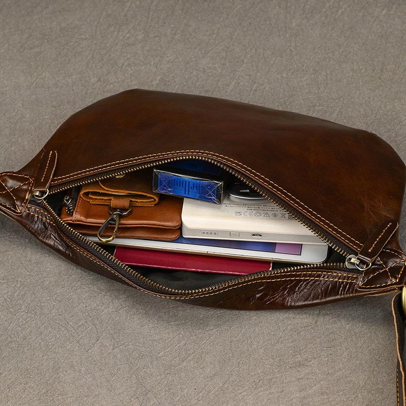 Men'S Genuine Leather Large-Capacity Fanny Pack, Retro Cowhide Breast Bag, First Layer Cowhide Crossbody Shoulder Bag, Oily Leather Casual Bag.