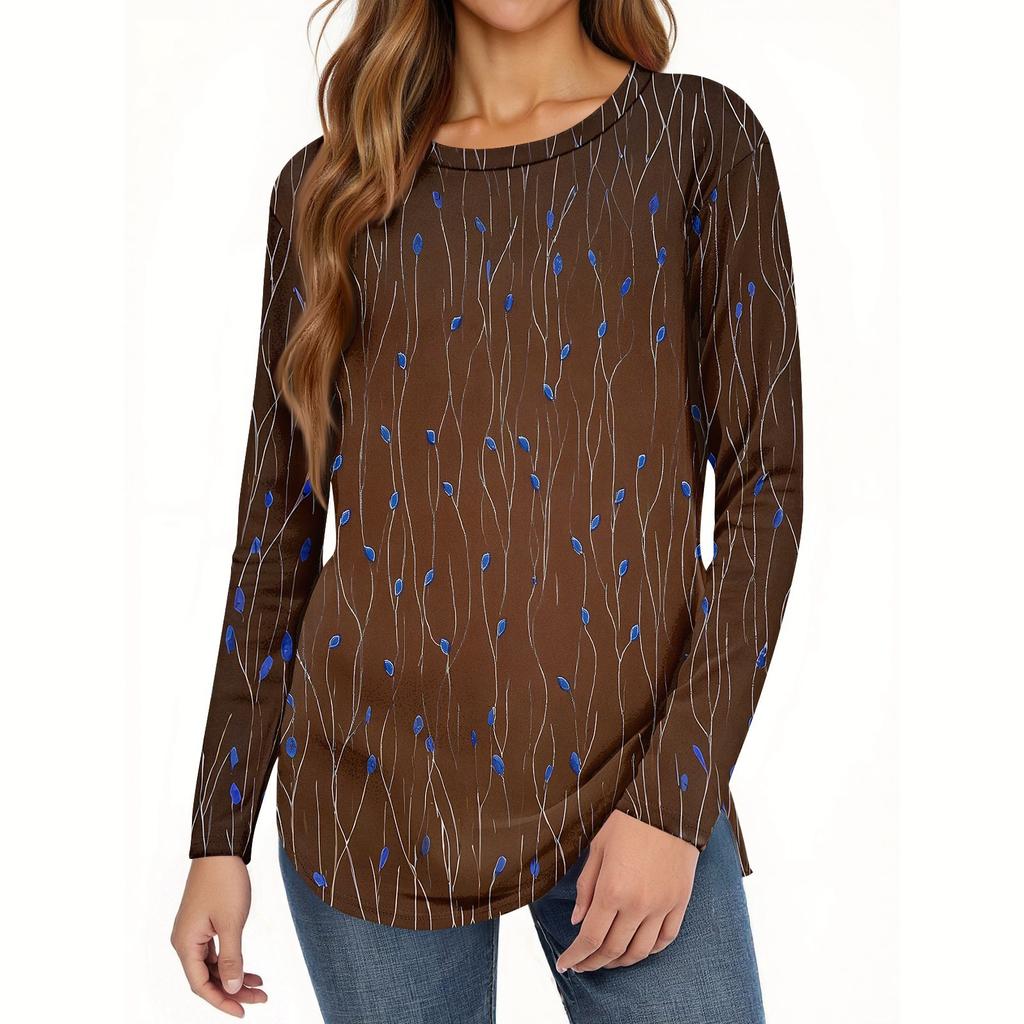 Damen T-Shirt mit Rundhalsausschnitt, lockerer Schnitt, langärmelig, Top, Pullover