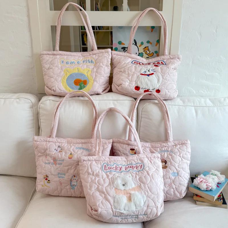Cute Cotton Embroidery Women's Shoulder Bags Casual Quilted Ladies Large Capacity Tote Shopper Bag Lovely Dog Purse Handbags