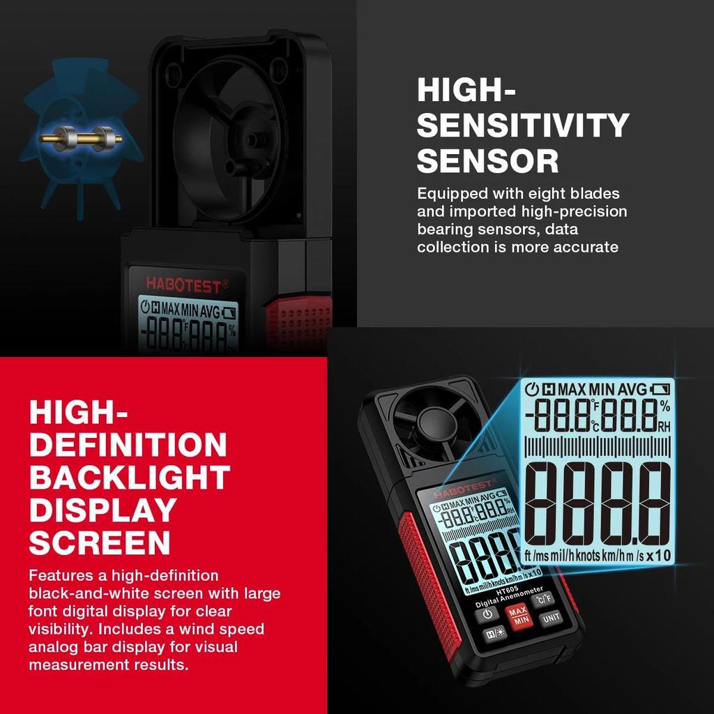 HABOTEST HT605 Digital Anemometer Portable Wind Speed Meter Windmeter LCD Backlight Display Temperature Humidity Meter