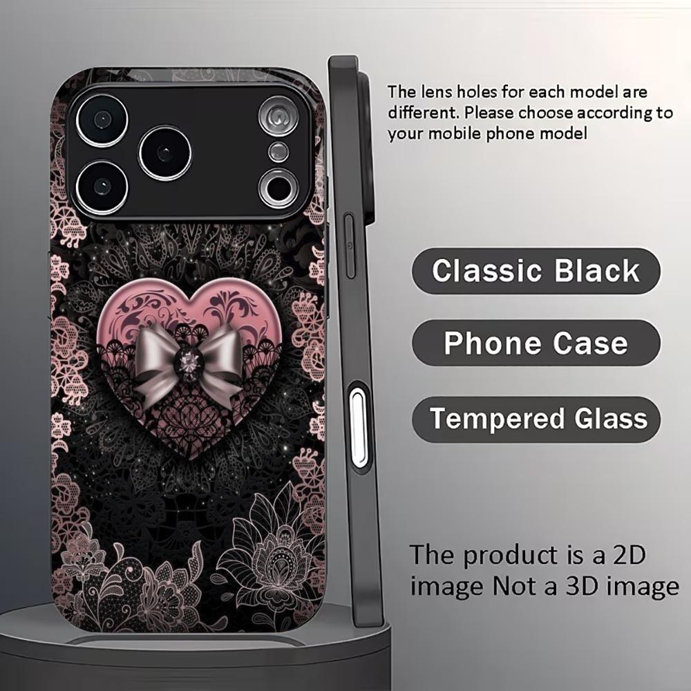Black Lace with Pink Heart phone case mobile phones for iphone 17 pro max cover Glass for iPhone 17 16 15 14 13 12 11pm Pro Plus