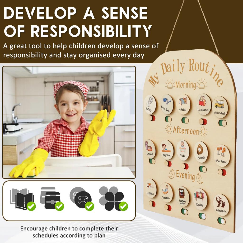 1Set Wood Daily Routine Chart Time Management Kid Visual Schedule Slide Change Wooden Chore Chart Exercise Learning for Children