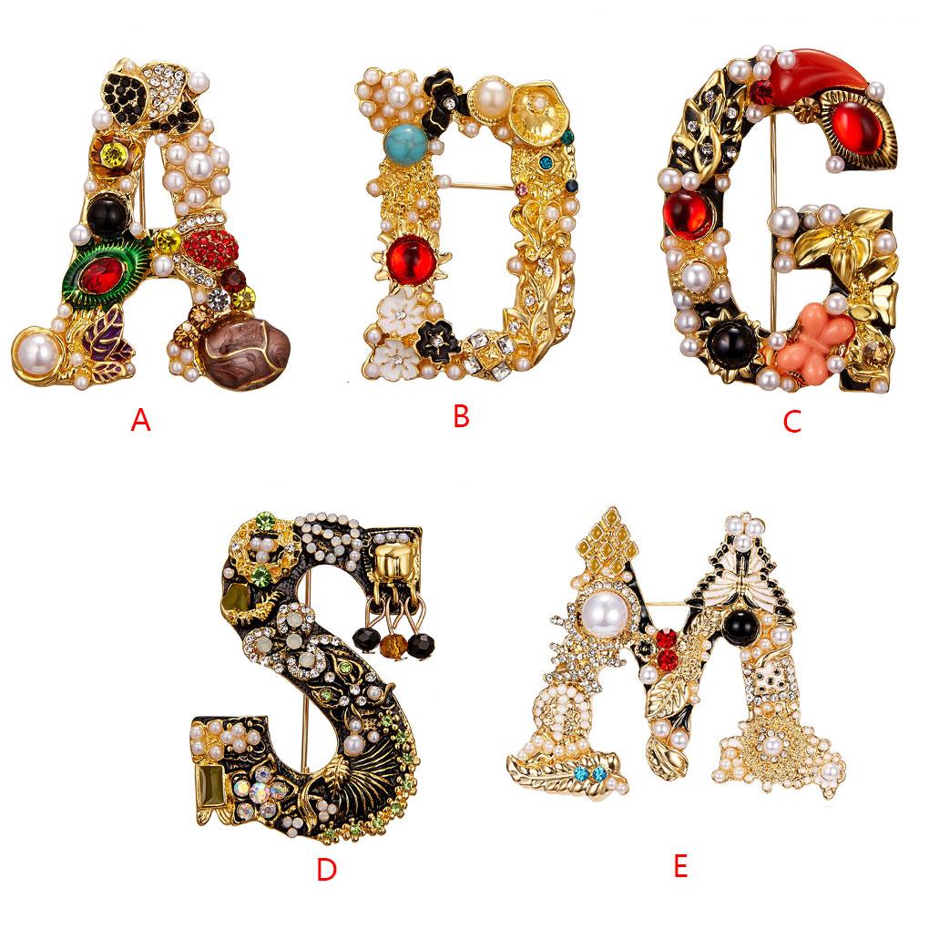 Letter Shaped Brooch Scarf Clothes Decorative Brooch Breast Pin Pearl Rhinestone Badge Jewelry A
