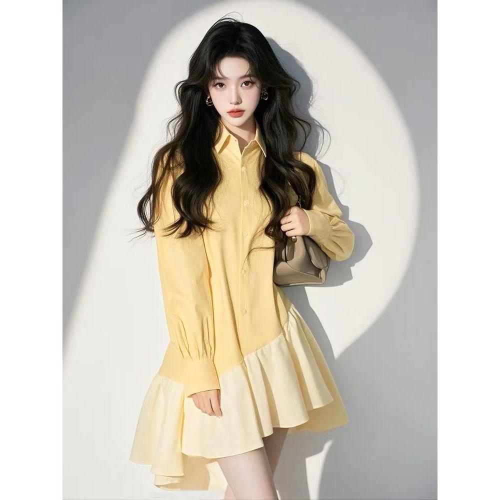 Irregular Design Lazy Style Yellow Patchwork Dress 2025 Spring Popular Temperament Skirt