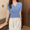 Summer V-neck Short-sleeved Knit Shirt Thin Slim T-shirt Female Design Sense Cross Short Tops Casual Essential Comfort Style Slim Fit Pullovers Tees