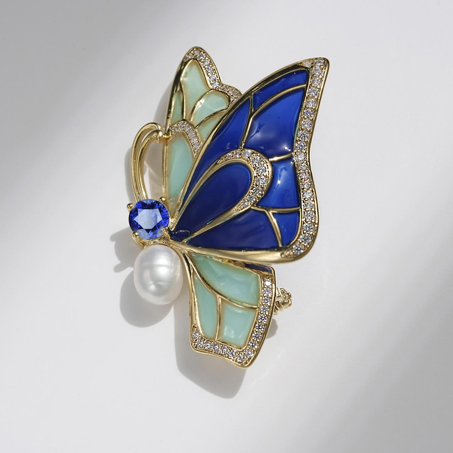 Enamel Blue Luxury Pearl Butterfly Brooch - Fashionable Freshwater Corsage Accessory