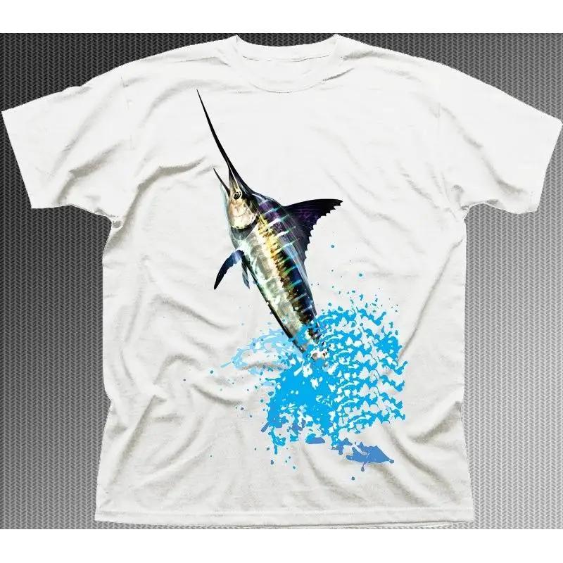 Blue Marlin Game Fishing White Boat Fish Printed T Shirt 9484