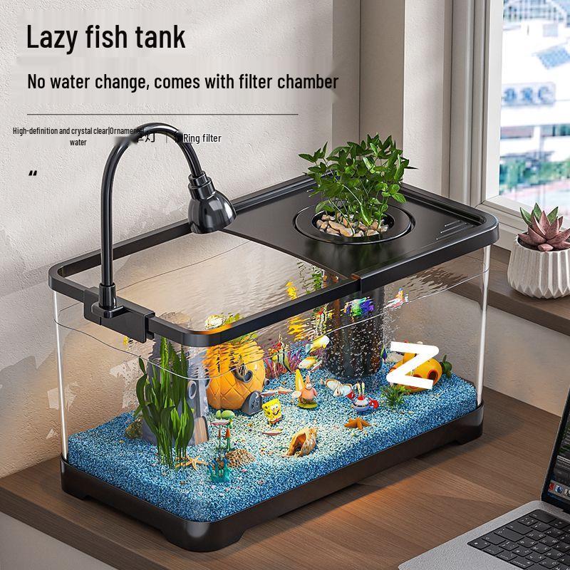 Goldfish Tank Desktop Aquarium with Filtration, Oxygenation, and Lid - Ecological Landscaping All-in-One for Living Room Household Use.