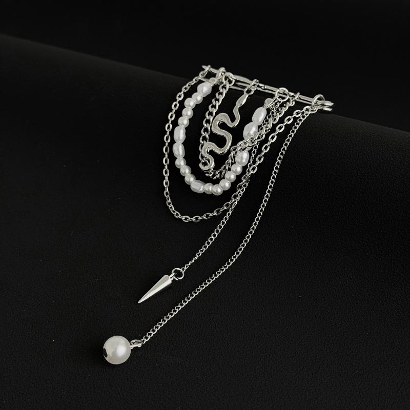 Unique Multi Layer Tassel Chain Brooch for Men Women Punk Personality Jewelry Accessory for Costume Formal Wear
