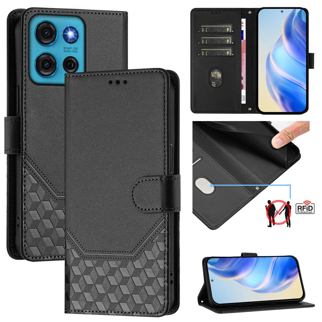 Dla Motorola Moto G75 5G Etui Impregnowane Plaster Miodu Blokujące RFID Skórzane Pokrowiec na Telefon ze Smyczą
