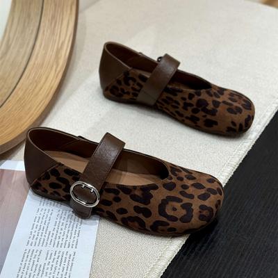 Koreanische Version von Ballerina mit weicher Sohle, Mary Janes mit Leopardenmuster, Damen 2025 neu, Herbst, Wildleder, flache Sohle, zwei Tragevarianten, kleiner Lederschuh im ausländischen Stil