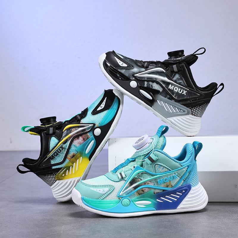 Breathable mesh children's shoes 2025 spring and autumn new boys' sports shoes button shoes non-slip children's basketball shoes