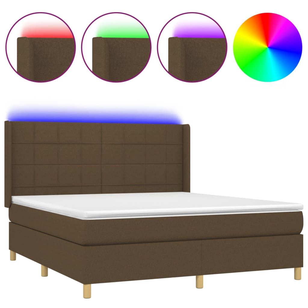 Box Spring Bed with Mattress & LED Dark Brown 160x200 cm Fabric