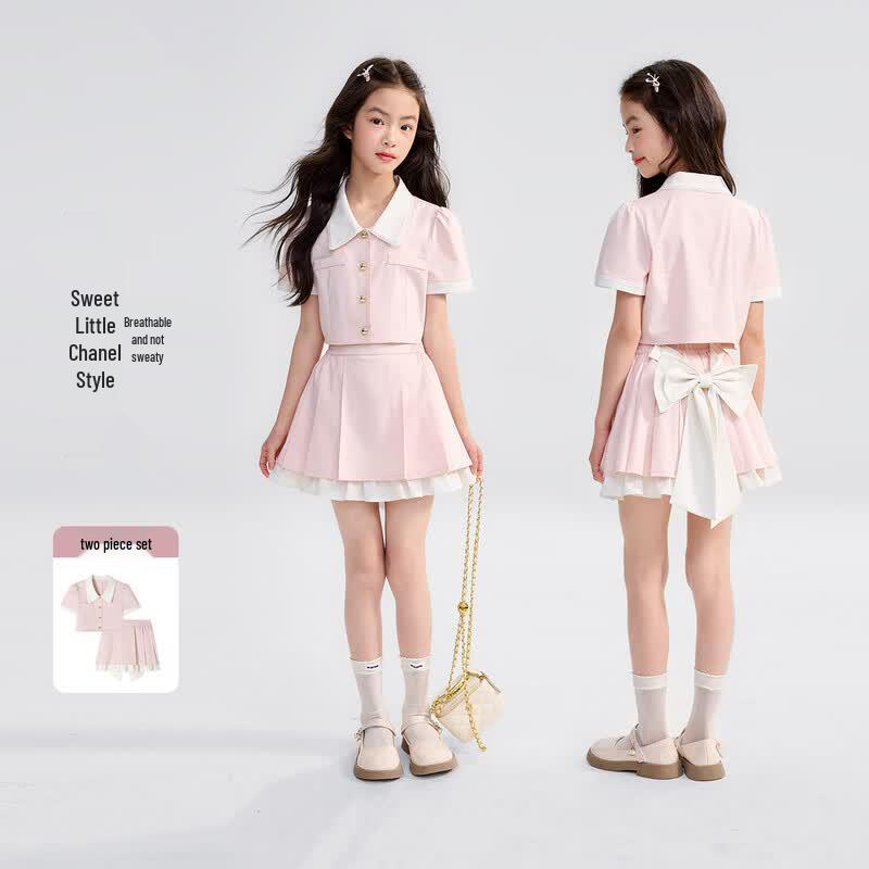 Girls Sweet Princess Bow Pleated Skirt Set 140