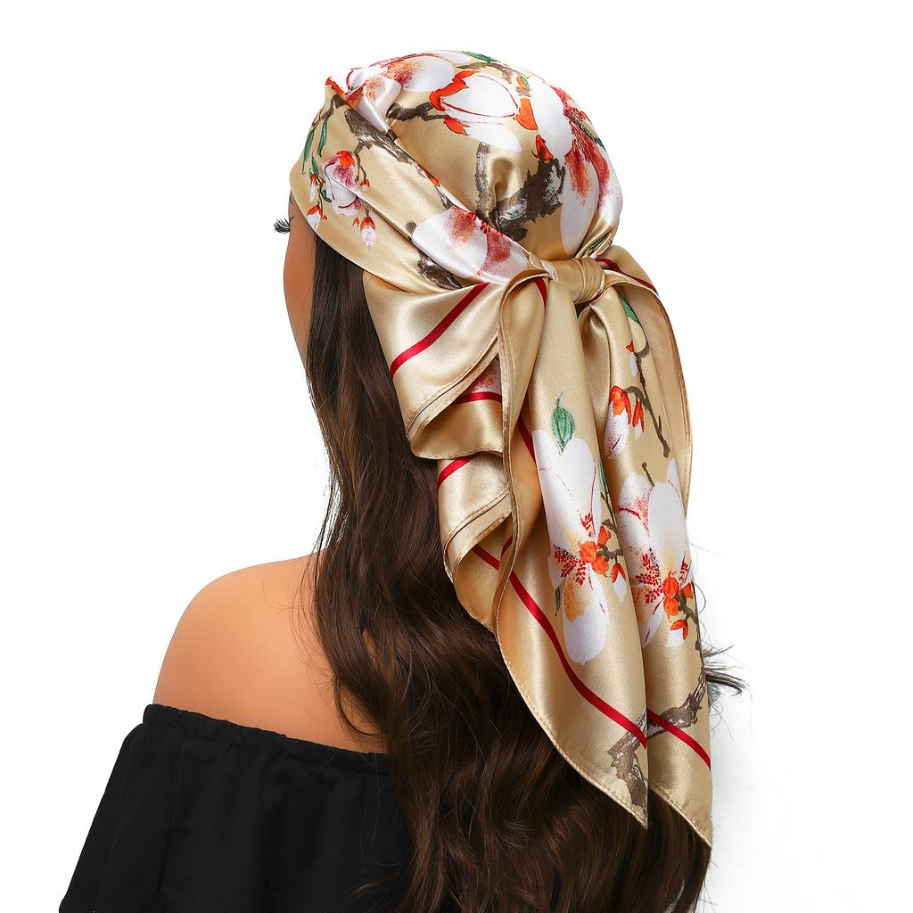 new 90*90cm Vintage Flowers Square Scarf Women Silk Shawl Neckerchief Female Print Headband Head Wraps Foulard Hijab Hair Bands