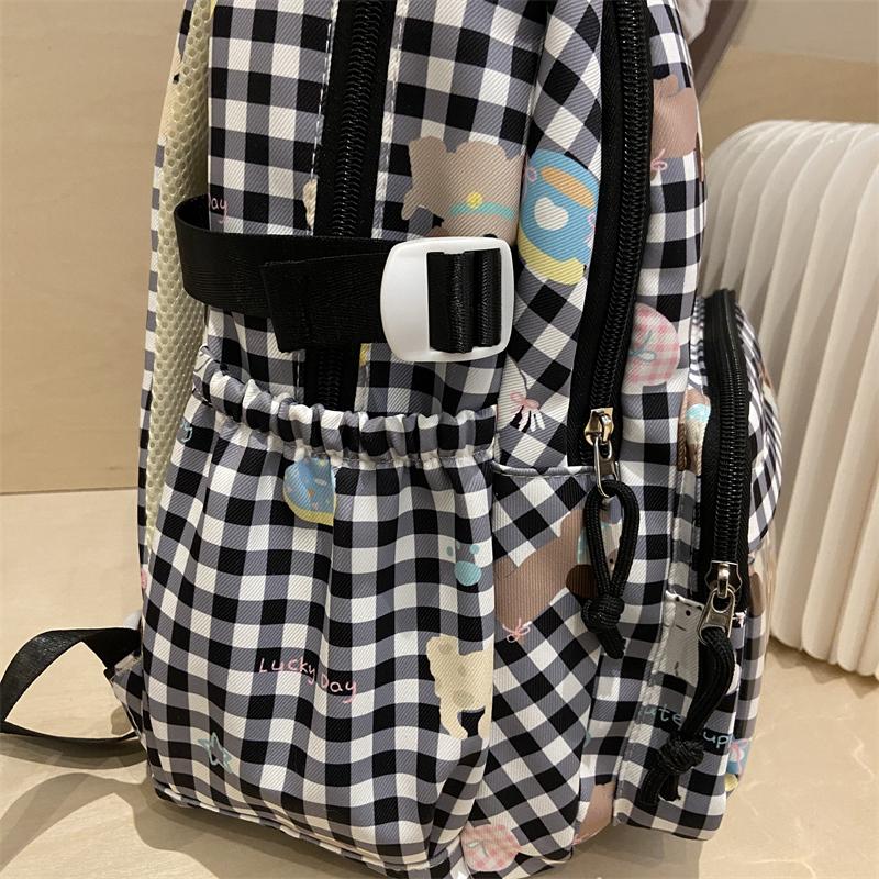 Cartoon Cat Pattern Women's Backpack Plaid Schoolbag