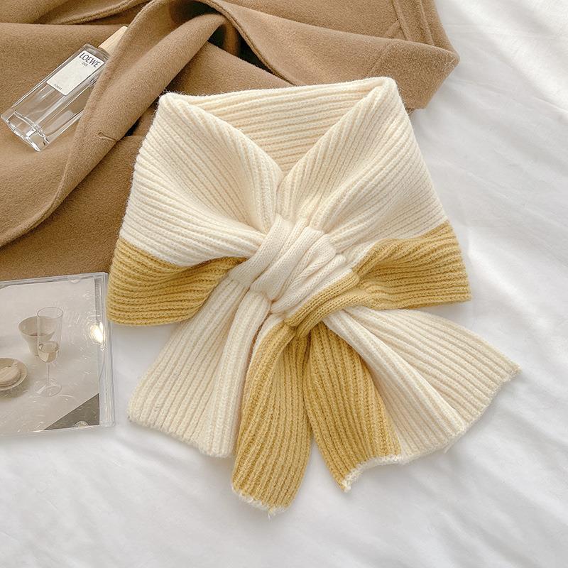Short Scarf for Women Autumn and Winter Cross Knitted Scarf Korean Version Color Matching Winter Warm Lazy Neck Gaiter