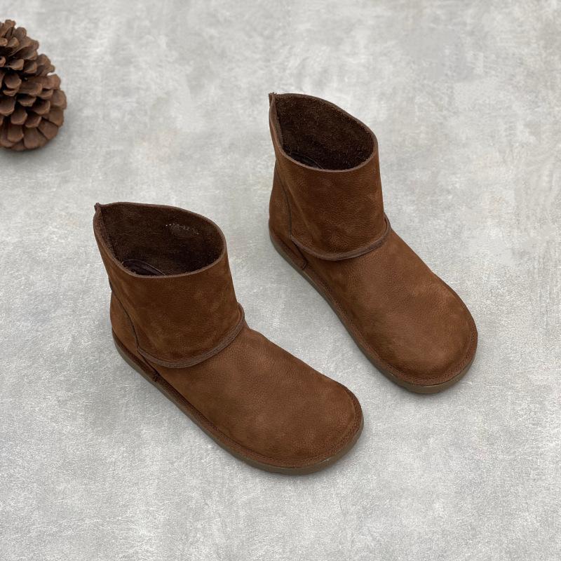 Johnature Retro Handmade Genuine Leather Boots Round Toe And Flat Bottomed Mid-calf Boots