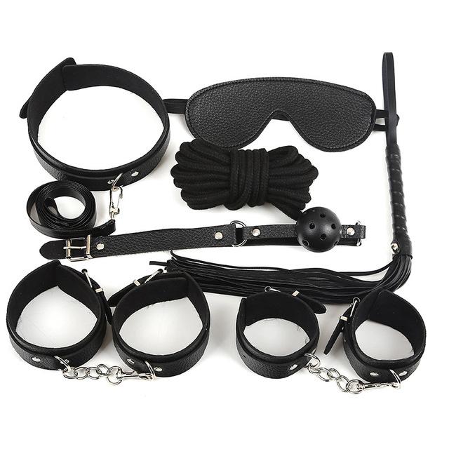 EM41 Leather 7 PCS SM Erotic Toy Set Couple Flirting Bondage Binding Kit Handcuffs Mouth Ball Gag Collar Whip Sex Toys