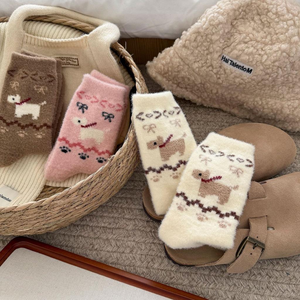 Vintage Australian Velvet Puppy Socks Color-Blocked Warm And Thick Stacked Socks Versatile Tube Socks